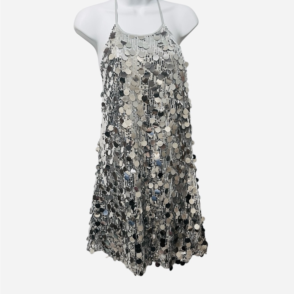 Know One Cares Silver Sequin Halter Cocktail Social Halter Mini Dress Large NWT - Picture 6 of 11